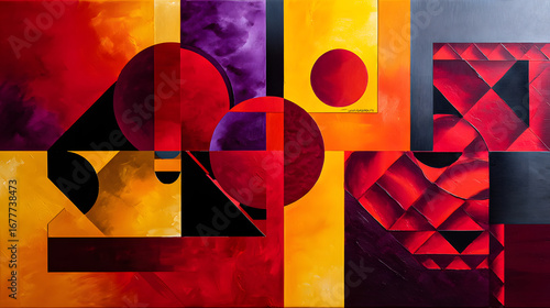 A bold modern abstract piece with geometric elementslike circles, squares, andtriangles in vibrant hues f red, yellow, and purple,creating a striking visualeffect.