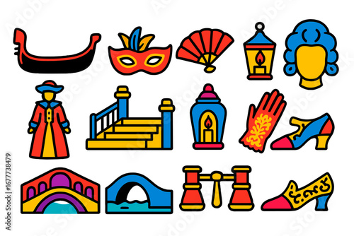 Venice Carnival Icons. Flat vector icons of Venice carnival: gondola, Venetian mask, fan, lace parasol, masquerade costume, grand