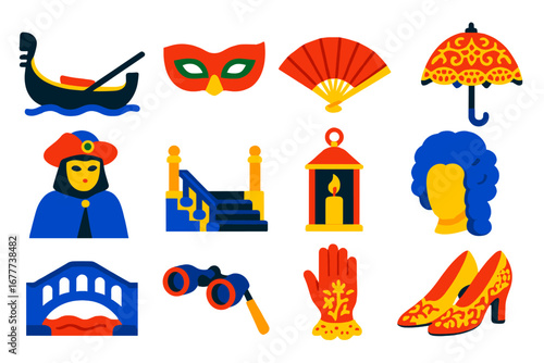 Venice Carnival Icons. Flat vector icons of Venice carnival: gondola, Venetian mask, fan, lace parasol, masquerade costume, grand