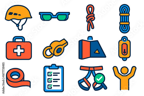 Climbing Gear Icons. Flat vector icons of climbing safety gear: helmet, belay glasses, backup knot, dynamic rope, first aid kit,
