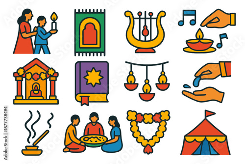 Religious Festival Icons. Flat vector icons of religious festivals: candle procession, prayer mat, sacred music, offering plate,