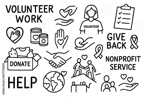 Volunteer Doodle Icons. Volunteer work doodle set: hand drawn icons for helping others, giving back, and nonprofit service,