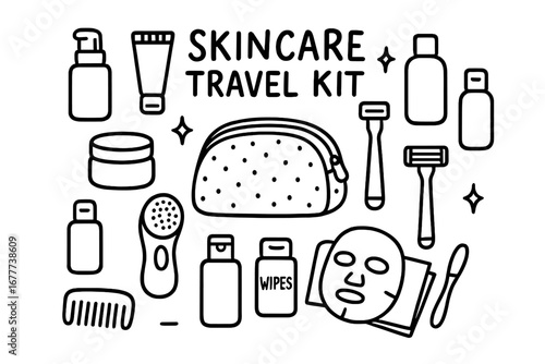Skincare Travel Essentials. Skincare travel kit doodle set: hand drawn icons for compact beauty items and vacation grooming,