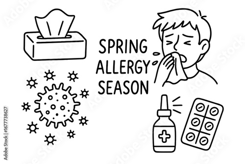 Spring Allergy Essentials. Spring allergy season doodle set: hand drawn icons for tissues, sneezing, pollen, and remedies,