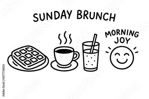 Sunday Brunch Icons. Sunday brunch doodle set: hand drawn icons for waffles, coffee, fresh juice, and morning joy, isolated