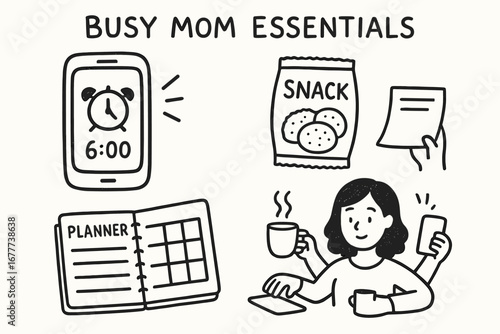 Busy Mom Essentials. Busy mom essentials doodle set: hand drawn icons for phone alarms, snack bags, planners, and multitasking,