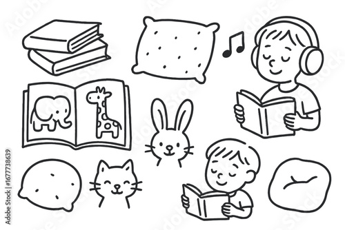 Storytime Doodle Set. Preschool storytime doodle set: hand drawn icons for books, cushions, animal tales, and cozy listening,