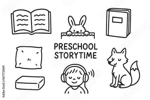 Storytime Doodle Set. Preschool storytime doodle set: hand drawn icons for books, cushions, animal tales, and cozy listening,