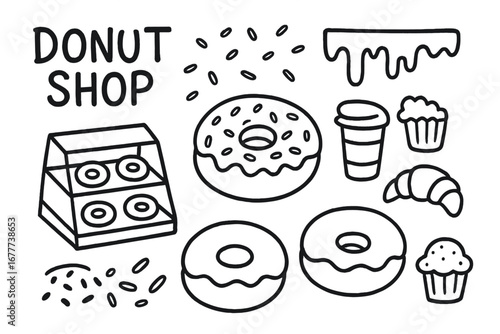 Donut Shop Doodles. Donut shop doodle set: hand drawn icons for sprinkles, icing, pastry cases, and morning treats, isolated