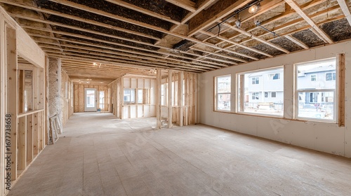 Interior of a home under construction. Wood frame, insulation, and windows are visible, highlighting the building process.