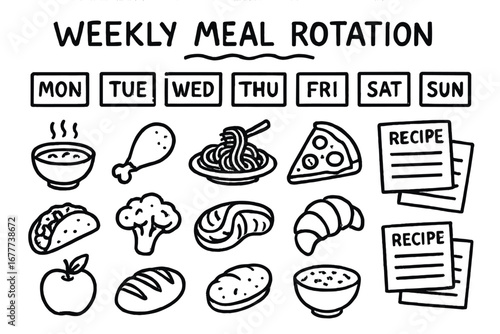 Weekly Meal Doodles. Weekly meal rotation doodle set: hand drawn icons for food icons, day tags, and recipe cards, isolated