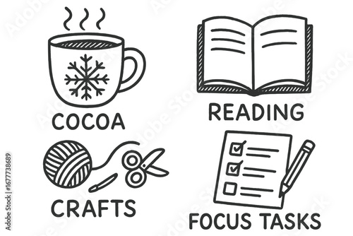 Winter Homeschool Doodles. Winter homeschool day doodle set: hand drawn icons for cocoa, reading, crafts, and focus tasks,
