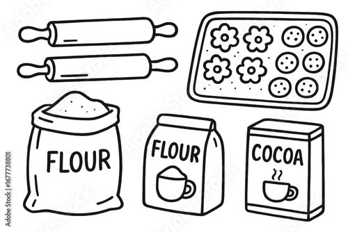 Family Baking Doodle. Family baking night doodle set: hand drawn icons for rolling pins, cookie trays, flour, and cocoa, isolated