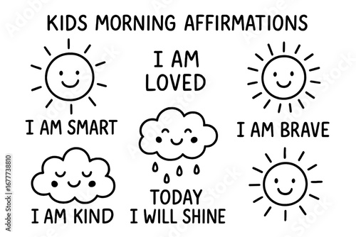 Morning Affirmation Doodles. Kids morning affirmations doodle set: hand drawn icons for motivational notes, sun icons, and happy