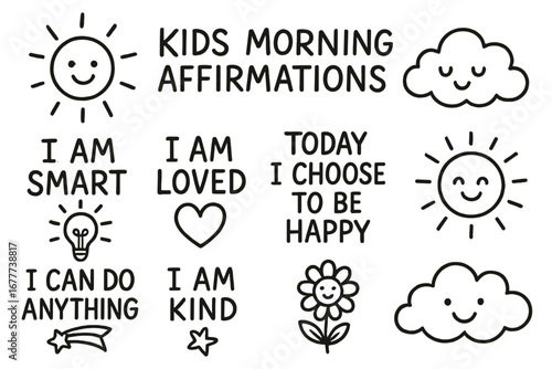 Morning Affirmation Doodles. Kids morning affirmations doodle set: hand drawn icons for motivational notes, sun icons, and happy