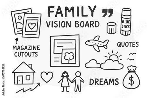 Family Vision Board. Family vision board doodle set: hand drawn icons for magazine cutouts, glue sticks, quotes, and dreams,