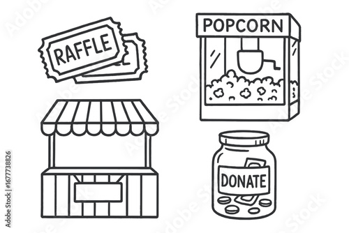 School Fundraiser Doodles. School fundraiser event doodle set: hand drawn icons for raffle tickets, popcorn machines, booths, and