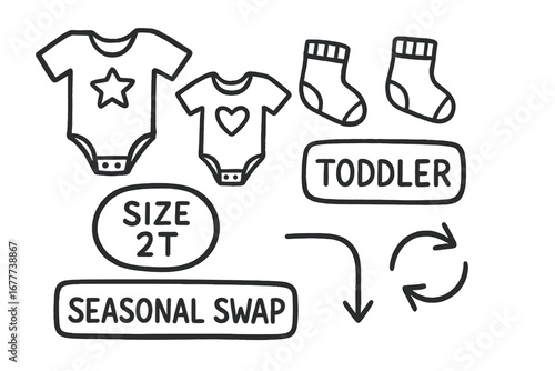 Toddler Clothing Doodle Set. Toddler wardrobe planner doodle set: hand drawn icons for onesies, socks, labels, and seasonal swap,