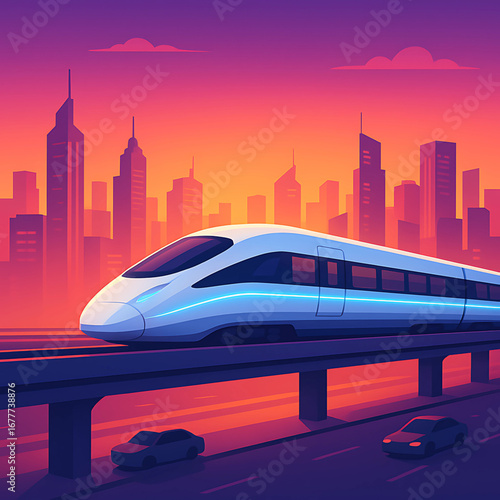 High-Speed Rail Through Modern City at Sunset