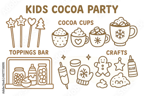 Cocoa Party Doodle Set. Kids cocoa-themed party doodle set: hand drawn icons for stir sticks, cocoa cups, toppings bar, and crafts