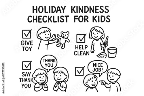 Holiday Kindness Doodles. Holiday kindness checklist for kids doodle set: hand drawn icons for give toy, help clean, say thank you