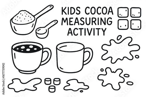 Cocoa Measuring Doodle. Kids cocoa measuring activity doodle set: hand drawn icons for scoops, cups, marshmallow counters, and