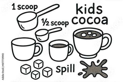 Cocoa Measuring Doodle. Kids cocoa measuring activity doodle set: hand drawn icons for scoops, cups, marshmallow counters, and