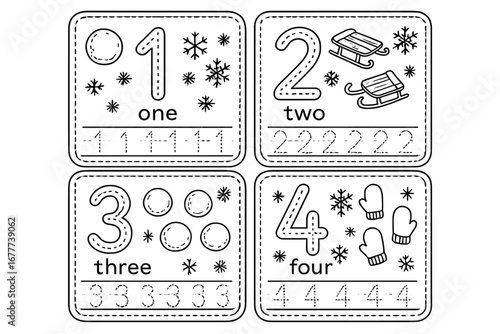 Winter Tracing Doodles. Winter number tracing sheets doodle set: hand drawn icons for snowballs, sleds, flakes, and counting icons
