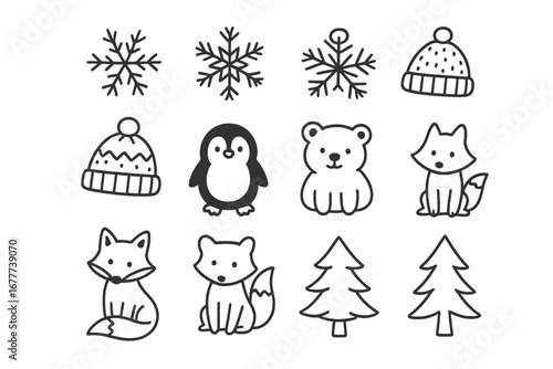 Snow-Themed Game Doodles. DIY snow-themed matching game doodle set: hand drawn icons for flakes, hats, animals, and trees in pairs
