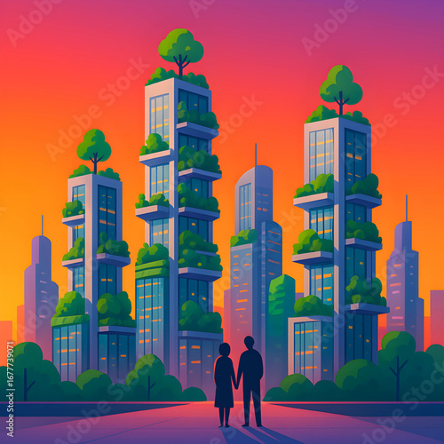 Couple admiring futuristic eco-friendly city skyline with lush greenery and vibrant sunset