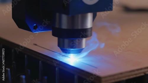 Precision laser cutting: hightech blue beam engraving wood in industrial workshop