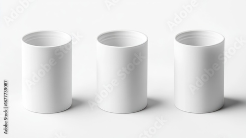 Three white cylindrical containers on a white background