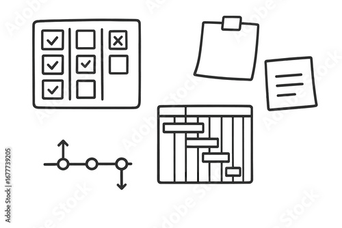 Project Management Doodles. Project management tools doodle set: hand drawn icons for task boards, sticky notes, gantt charts, and