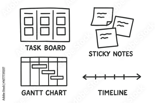 Project Management Doodles. Project management tools doodle set: hand drawn icons for task boards, sticky notes, gantt charts, and