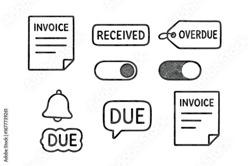 Invoice Tracker Doodle. Digital invoice tracker doodle set: hand drawn icons for received payments, overdue tags, status toggles,
