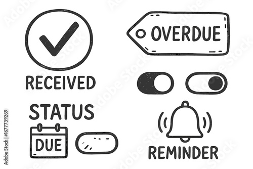 Invoice Tracker Doodle. Digital invoice tracker doodle set: hand drawn icons for received payments, overdue tags, status toggles,