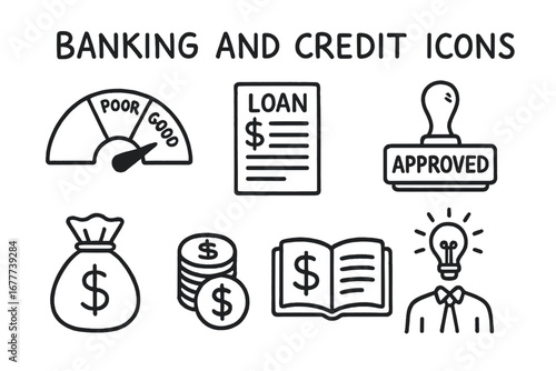 Financial Icons Doodle. Banking and credit icons doodle set: hand drawn icons for credit scores, loan documents, approval stamps,