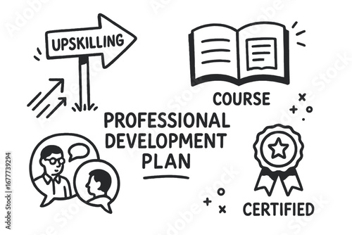 Upskill Doodle Icons. Professional development plan doodle set: hand drawn icons for upskilling paths, course icons, mentor chats,
