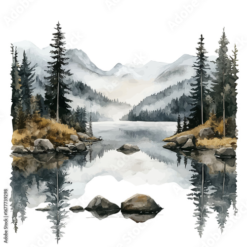 Frozen Lake Reflections, watercolor painting vector, isolated on a white background.