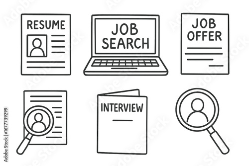 Job Search Doodle Icons. Office job search doodle set: hand drawn icons for resumes, job offer letters, laptop screens, interview