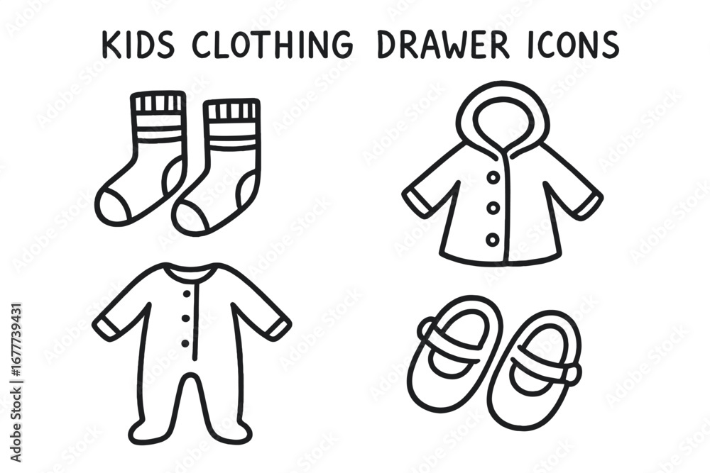 Obraz premium Kids Clothing Doodle Icons. Kids clothing drawer icons doodle set: hand drawn icons for socks, raincoats, pajamas, and tiny shoes,