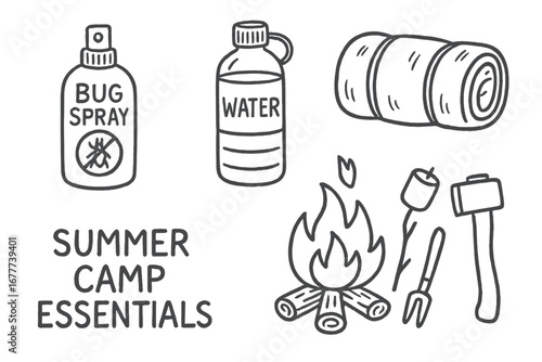 Summer Camp Essentials Icons. Summer camp essentials doodle set: hand drawn icons for bug spray, water bottle, sleeping bag, and