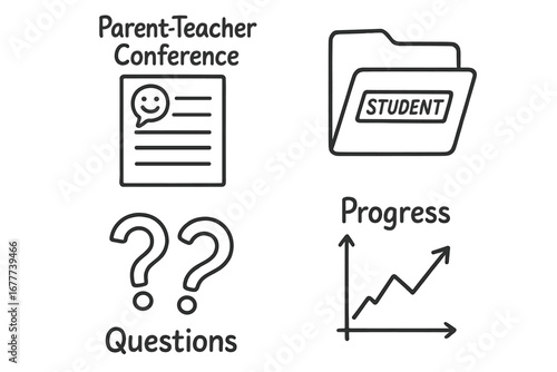 Parent-Teacher Doodle Set. Parent-teacher conference doodle set: hand drawn icons for feedback notes, student folder, questions,