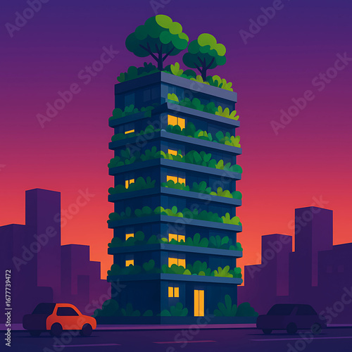 A futuristic eco-building featuring extensive vertical gardens and rooftop greenery, beautifully illuminated against a twilight city backdrop, envisioning sustainable urban living