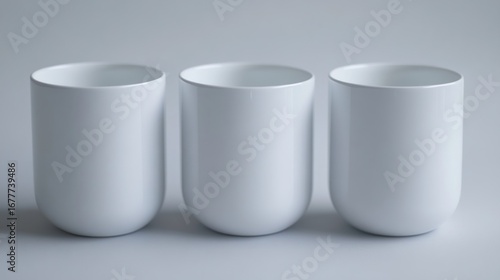 Three plain, white cups on a neutral surface