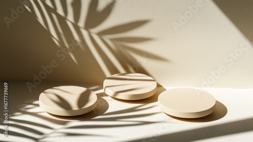 Minimalist studio scene, three platforms, shadows