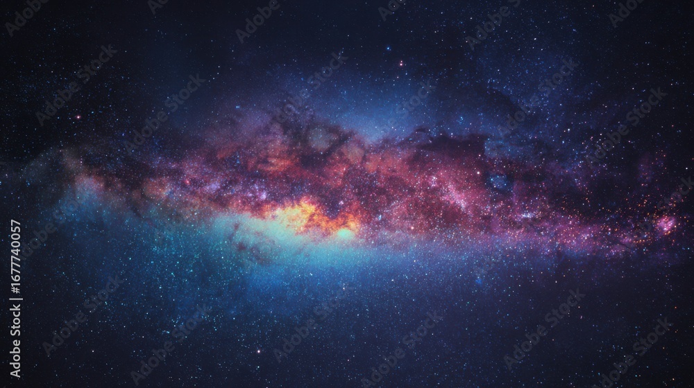 Fototapeta premium A vibrant cosmic formation shows swirling colors of blue, pink, and orange amidst countless stars in the boundless night sky, evoking wonder of the universe's beauty.