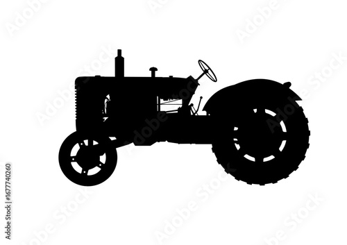 Old vintage farm tractor silhouette - vector illustration