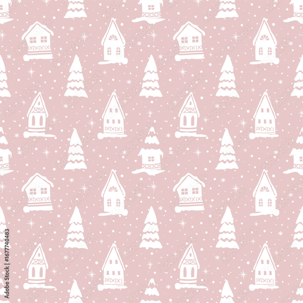 Fototapeta premium Winter Seamless Pattern. Christmas Houses. Winter Landscape. White Silhouettes of Houses, Fir Trees. Snow. Template. Vector Illustration on Pink Background