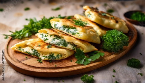 freshly cooked golden flatbread stuffed with creamy cheese and greens sits on a wooden board garnished with vibrant herbs a dish perfect for sharing or enjoying as a snack